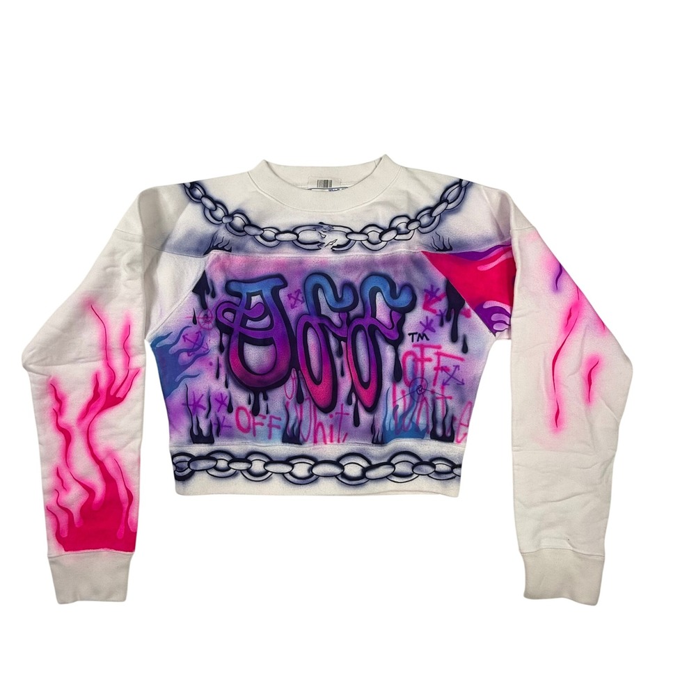 Off White Airbrush Graffiti Cropped Sweatshirt White Pink OMBA051T21FLE001 S
